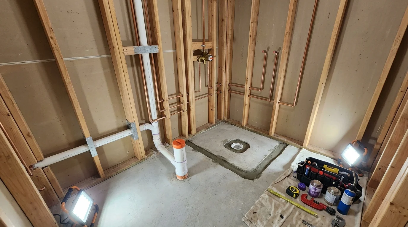 Bathroom rough-in plumbing during remodel by Johns Plumbing LLC in Gambrills