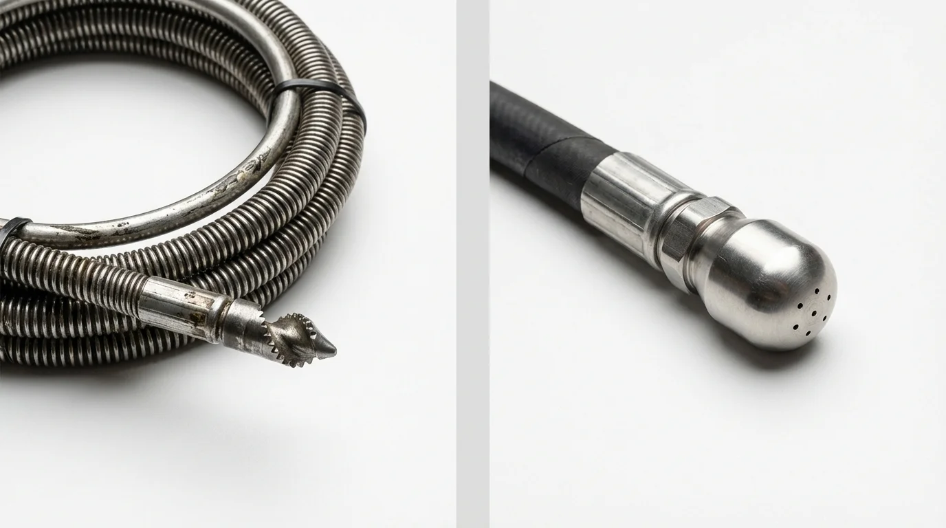 Drain snake cable and hydro jetting nozzle used for drain cleaning in Gambrills, MD