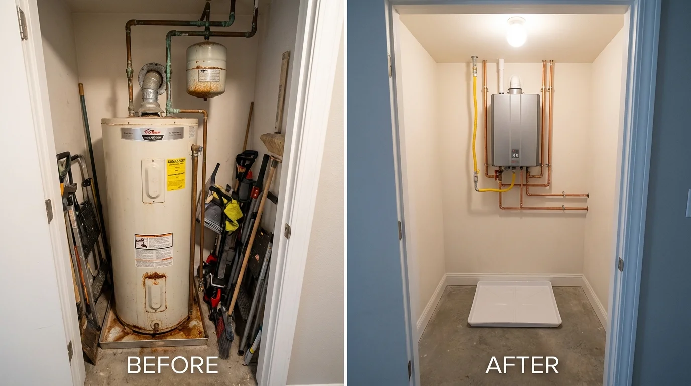 Tank water heater versus wall-mounted tankless unit comparison for Gambrills, MD homeowners