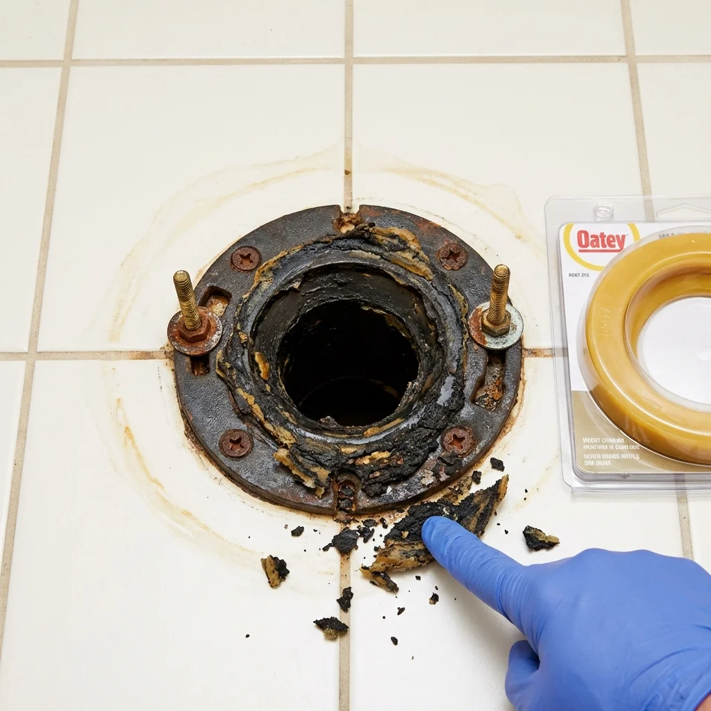 Failed wax ring showing water seepage at the base of a toilet in a Gambrills, MD home