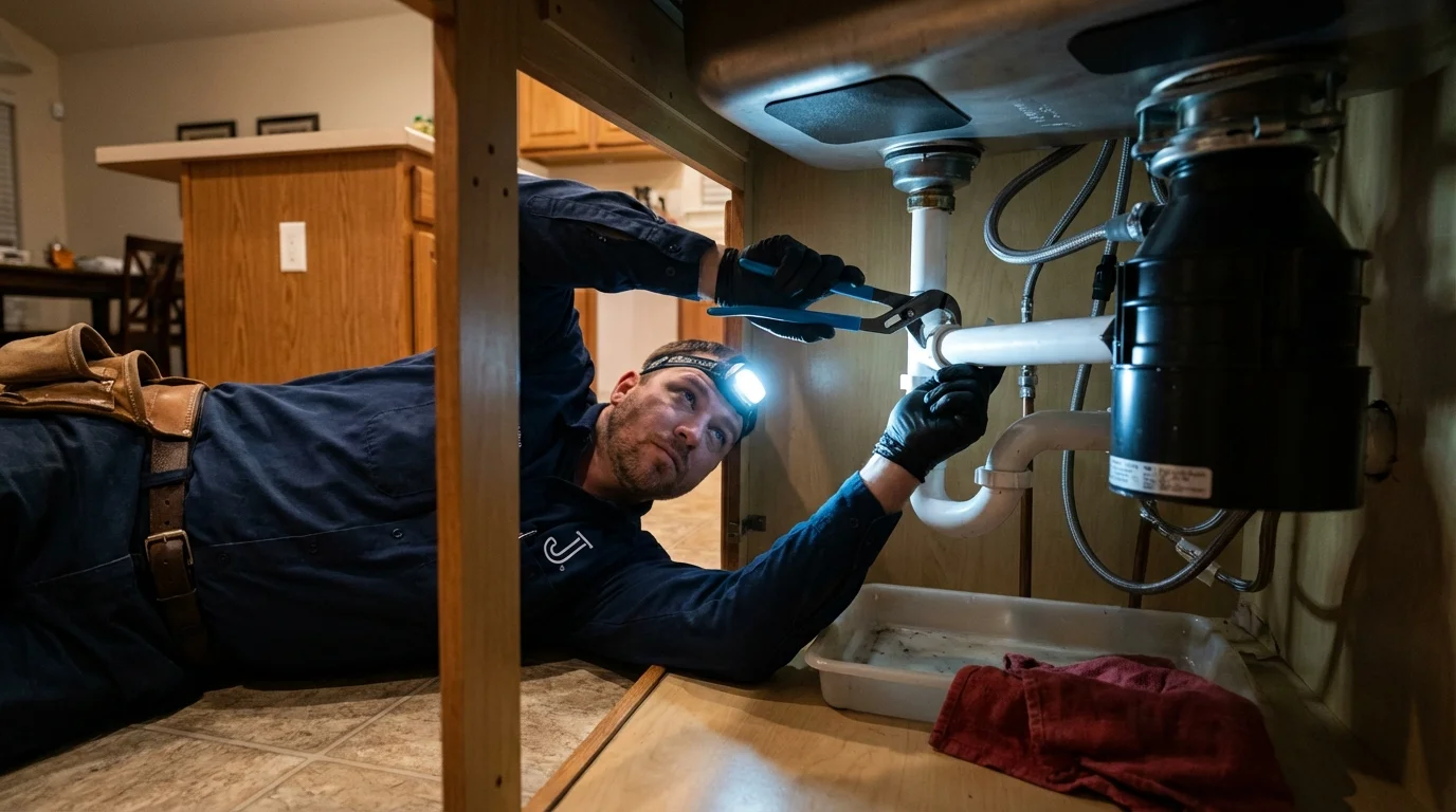 P-trap and supply line connections under a kitchen sink showing a common leak point in Gambrills, MD